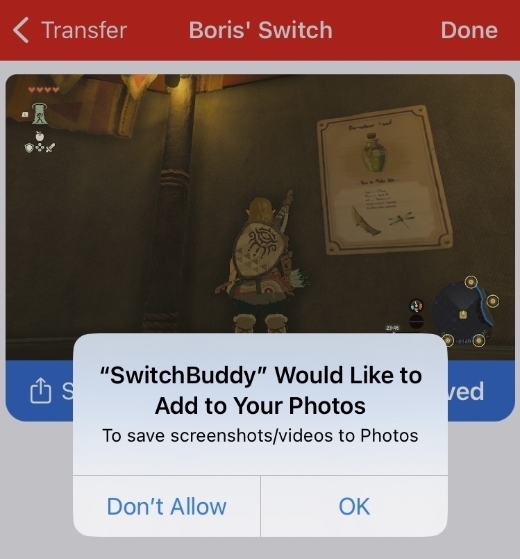 SwitchBuddy with Zelda Tears of the Kingdom screenshot. Dialog offering adding the image into photos library